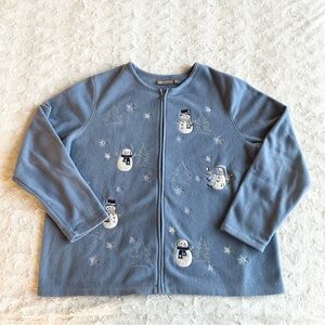 Vintage Snowman Sweater Womens 1X Plus Blue Fleece Full Zip Snowflake Winter Vtg